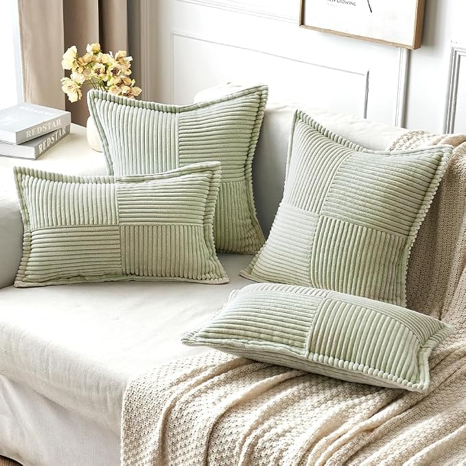 MIULEE Decorative Throw Pillow Covers for Couch 18x18 Inch Light Green | 2 Pack, Boho Broadside Striped Patchwork Pillow Covers, Soft Corduroy Cushion Cases, For Sofa Bed Livingroom Home Decor