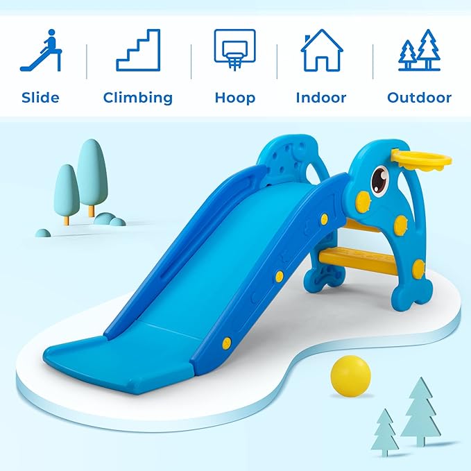 NYEEKOY 3 in 1 Toddler Slide, Baby Slide Plastic Climber Playset with Basketball Hoop and Ball, Indoor and Outdoor Playground for Kids