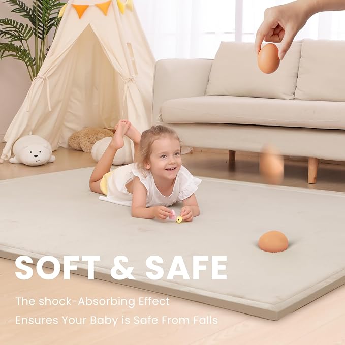 Large 79"x110" Baby Activity Play Mat for Floor,1.3" Thick Elasti Foam Cushion Mat for Tummy Time & Crawling,Non-Slip&Safe for Infants,Toddlers & Kids, for Living Room,Classroom & Playroom（Beige)