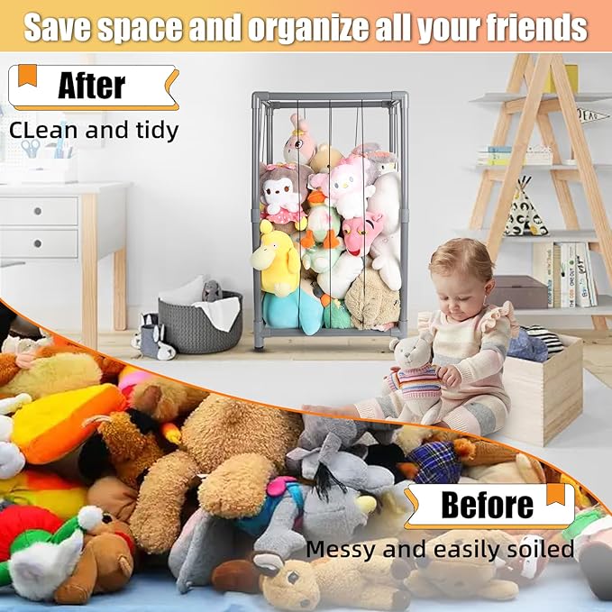 Stuffed Animal Storage Zoo Stuffed Animal Holder,Off-Ground and Space Save Vertical Stuffed Animals Organizer PVC with Elastic for Bedroom Playroom Nursery (Greyish Black, Small)
