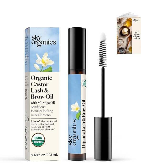 Sky Organics - Organic Lash & Brow & Applicator - Eyelash Serum - Castor Oil Organic - Moringa, Vitamin E - Lashes, Eyebrows - Self Care, Beauty - Gifts for Women - .4 fl oz, 12mL with ebook