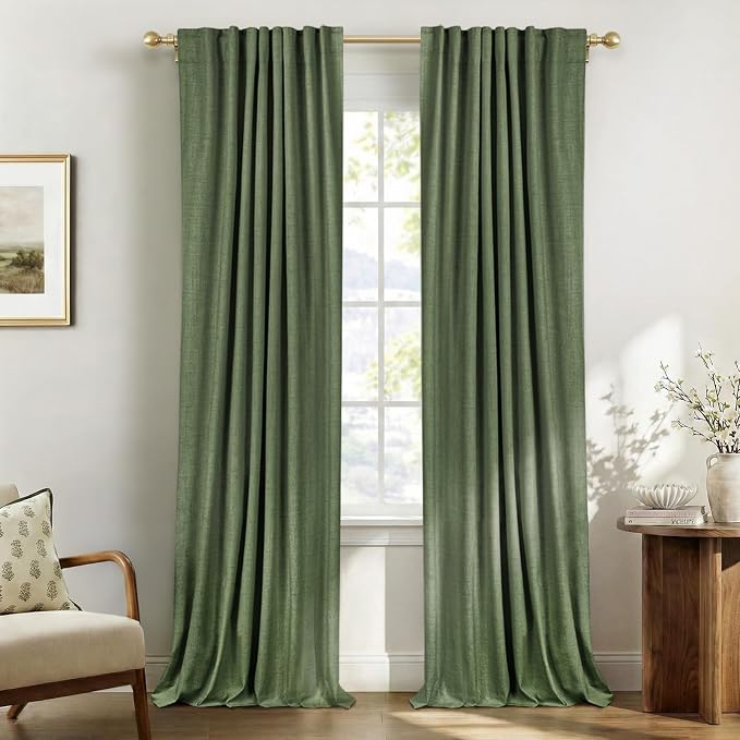 100% Blackout Shield Olive Green Linen Blackout Curtains for Bedroom 84 Inches Long, Back Tab/Rod Pocket Living Room Drapes, Thermal Insulated Blackout Curtains 2 Panels Set, 50" W x 84" L