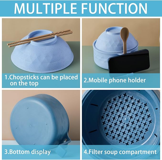 6 Sets Microwave Ramen Bowl Bulk 40 oz Wheat Straw Instant Ramen Cooker Set Portable Noodle Cooker with Handle Spoon Chopsticks Fork for College Dorm Room Gift (Blue,Green)