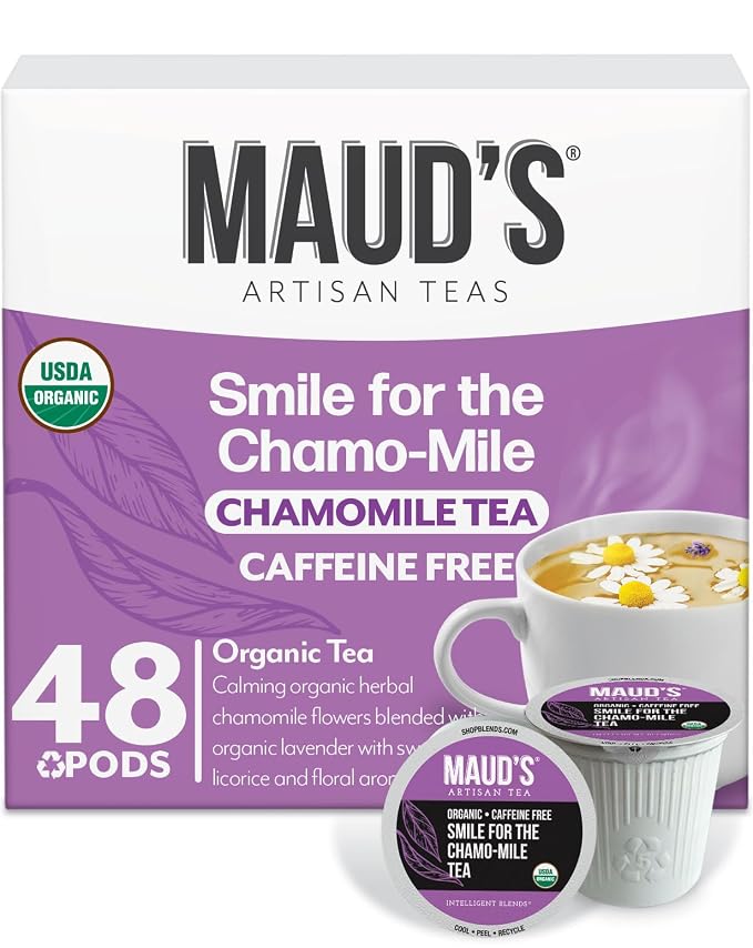 Maud's Organic Chamomile Lavender Tea Pods, 48 ct, Single Serve Pods – 100% Gourmet Blended Tea Leaves, Compatible with Keurig K Cups Maker