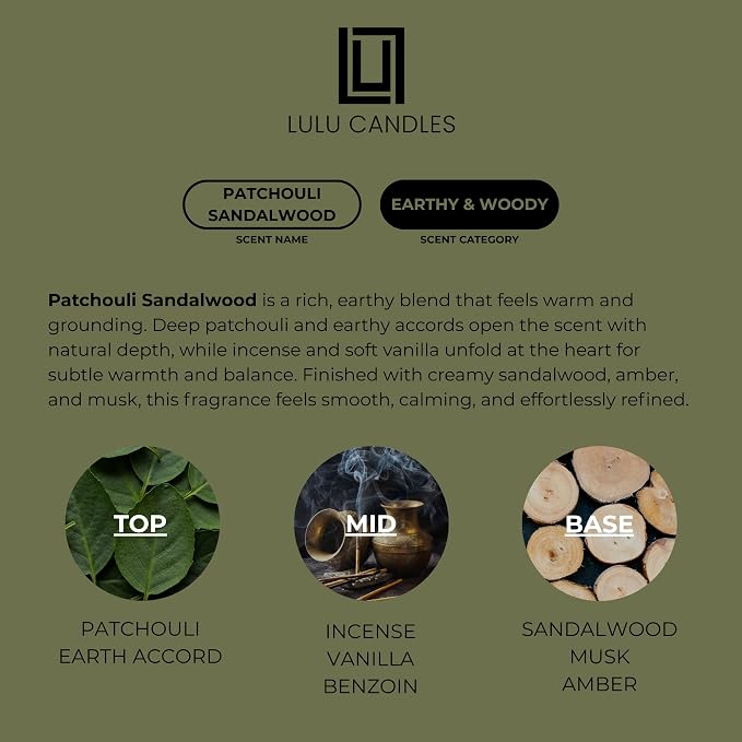 Lulu Candles | Patchouli Sandalwood | Smells Like Wood & Musk | Luxury Scented Soy Jar Candle | Hand Poured in The USA | Highly Scented Long Lasting (9 Oz.)