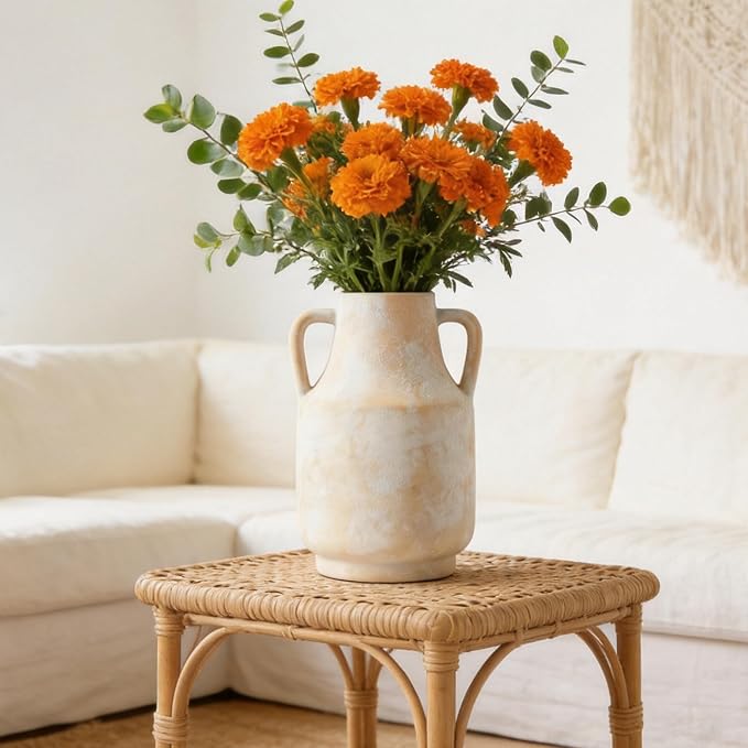 Ceramic Flower Vase, 10.6" Rustic Farmhouse Decorative Vase, Wide Ceramic Pottery Vase for Fresh Flowers, Pampas Grass, Living Room, Fireplace Mantel, Table and Shelf Decor
