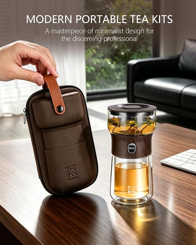 ZENS Modern Glass Tea Infuser Teapot, Smart One Touch Tea Maker for Loose Tea Diffusers with Insulated Mug and Cute Portable Walnuts Tea Kits for Tea Lover Gifts