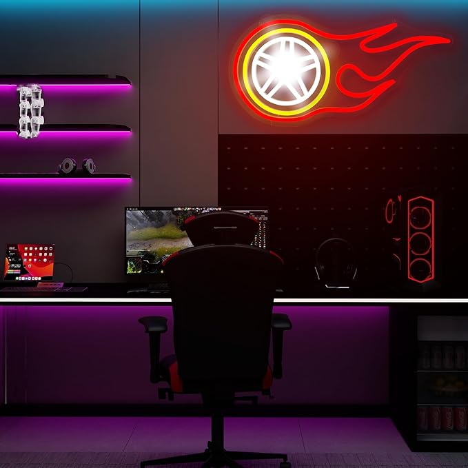 Car Wheel Neon Sign Flame Wheel Neon Light LED Garage Decor for Man Cave Game Room Bar Dimmable Racing-Themed Lighting USB Powered Acrylic Neon Sign for Party Birthday Gift