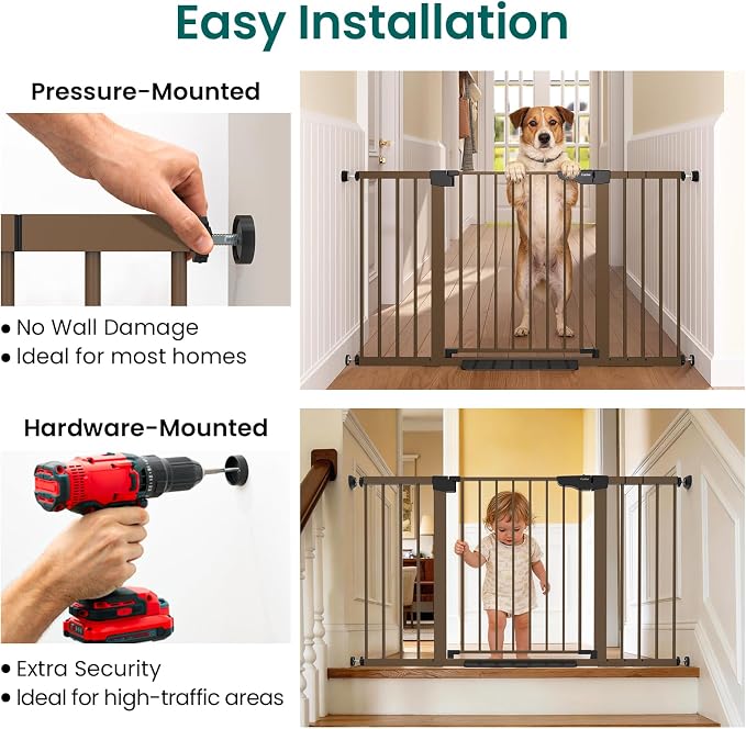 Cumbor 30-54" Extra Wide Baby Gate for Stairs, Dual Lock & Self-Closing Dog Gate Indoor, Easy Install Pet Gate for Doorways, Hallways & Kitchen, Easy Walk Thru Safety Proofing for Babies & Pets, Brown