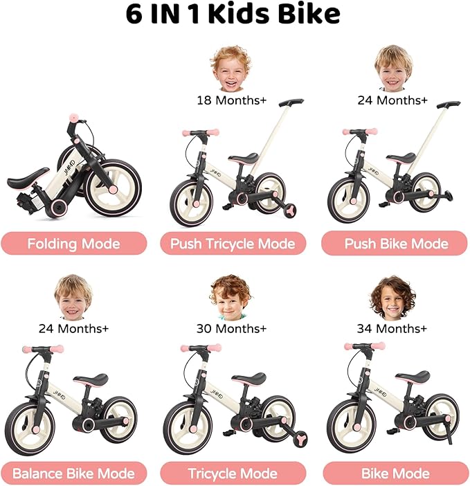 JMMD 6 in 1 Toddler Bike with Push Handle for Kids 18-60 Months, 12" Foldable Balance Bike with Training Wheels, Pedals, Brakes, Kickstand, Push Tricycle Toddler Gift & Toys for Boy & Girl