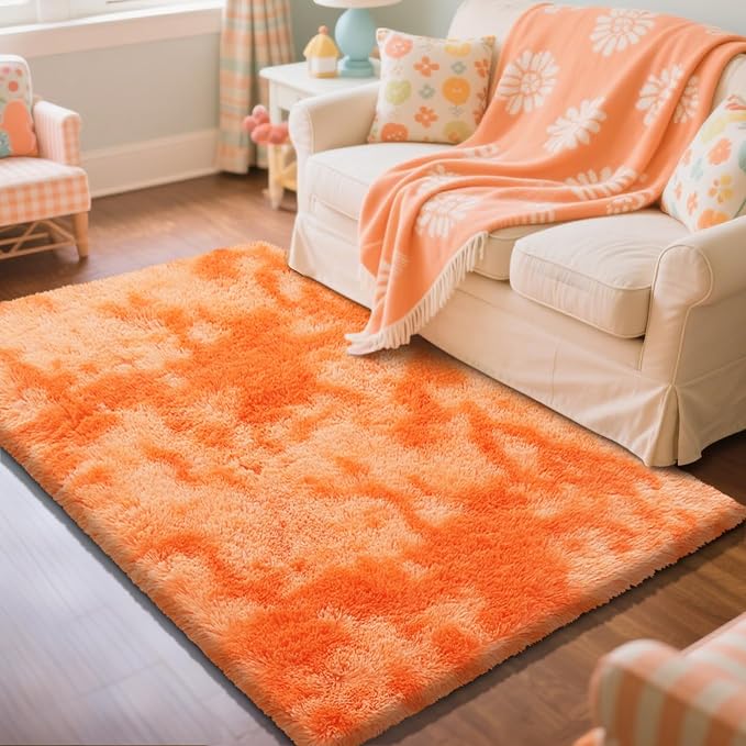 Mottling Orange Fluffy Rug Shag Area Rug, 4x6 Area Rugs for Girls Bedroom, Soft Play Mat, Indoor Floor Carpet for Teen, Preppy Dorm, Plush Aesthetic Bedside Rug