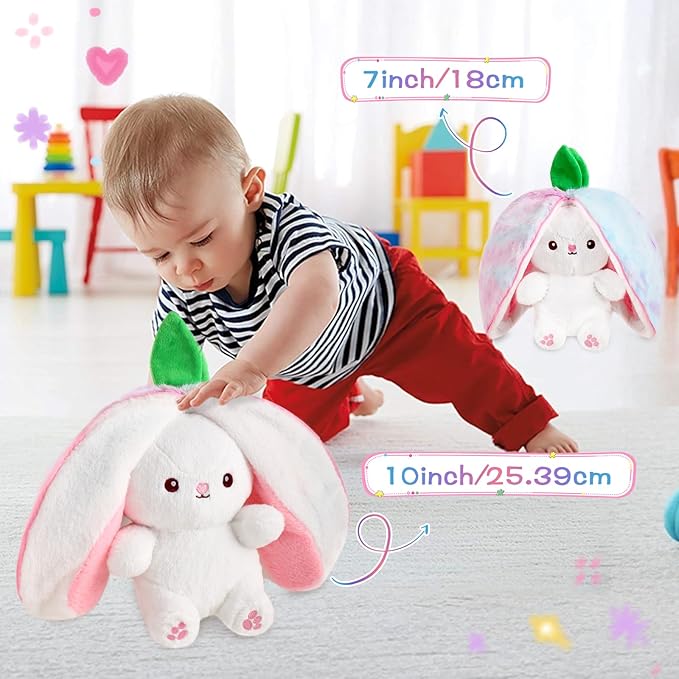 MIAODAM Rainbow Strawberry Bunny Stuffed Animal, Nebula and Strawberry Bunny Plush Turn Into Rabbit Fruit Doll Pillow, Plushie Cute Bunny Toy for Baby and Kids (10 inch)