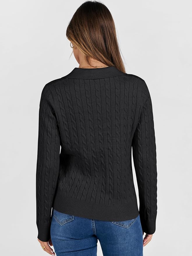 ANRABESS Womens Cable Knit Sweaters Long Sleeve V Neck | Pullover Collared Sweater Tops, Polo Knit Shirts, Business Casual Work, Tennis Golf, Fall Winter Fashion Outfits