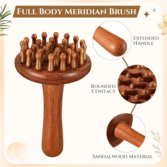 28teeth Rosewood Meridian Massage Brush for Body and Scalp, Wooden Body Massage Brush with Handle, Handheld Abdomen Massager, Spa Relaxing Gua Sha Tool for Cellulite Remover, Relaxation