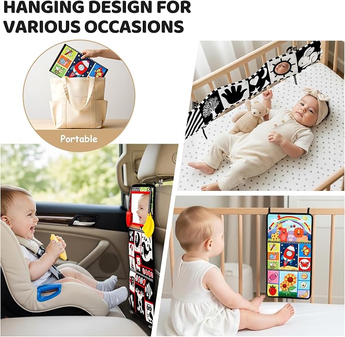 3PCS High Contrast Black & White Baby Toys - Tummy Time Mirror Infant Toys with Crinkle Cloth and Teether, Visual Stimulation Sensory Books for Newborns 0 3 6 12 Months, Shower Gift, Stocking Stuffers