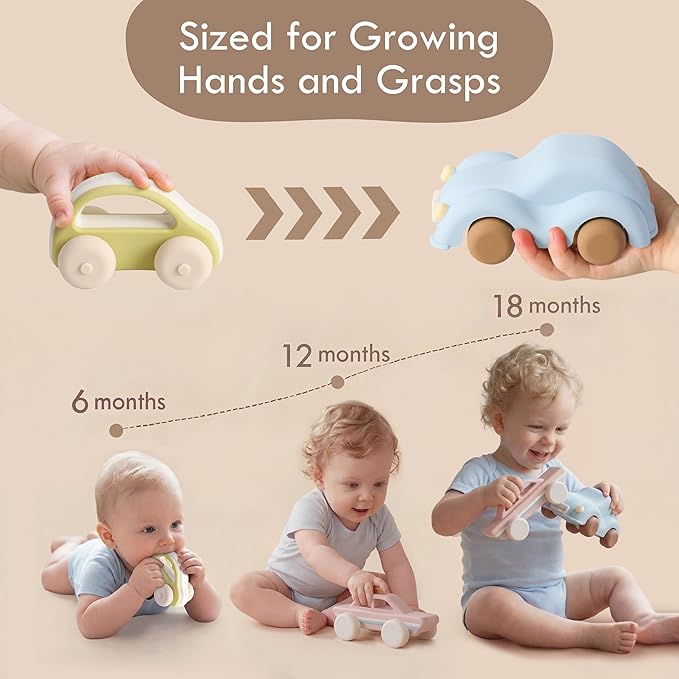 Moonkie Food Grade Silicone Toy Cars for Babies & Toddlers, Push and Go Baby Car Toys 6–12 Months, Baby Teething Toys 4–6 Months, One-Piece Design Infant Toys, Birthday Gifts for Boys & Girls, 5 Pack