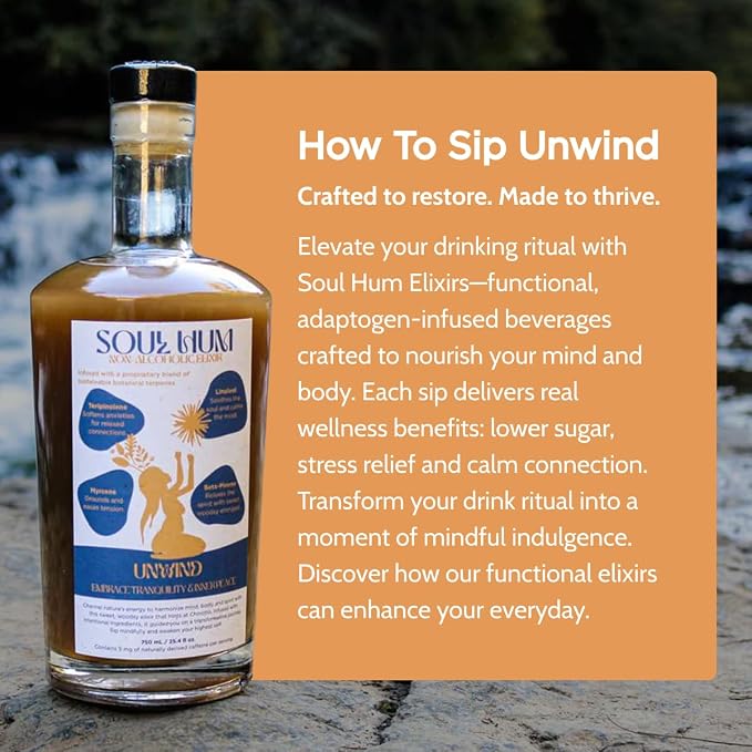 Soul Hum Unwind Non-Alcoholic Elixir – Functional Botanical Drink with Ashwagandha, Lemon Balm & Valerian Root - Alcohol Free Beverage, Blood Orange Flavor for Relaxation Moments - 25.4 Fl Oz