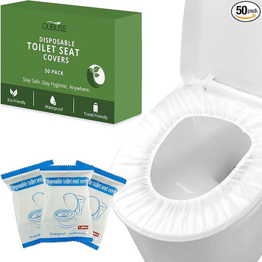 Commode Disposable Toilet Seat Covers Waterproof – 50 Pack, Individually Wrapped, Non-Woven Travel Toilet Seat Cover for Public Restrooms, Hospitals & Trips