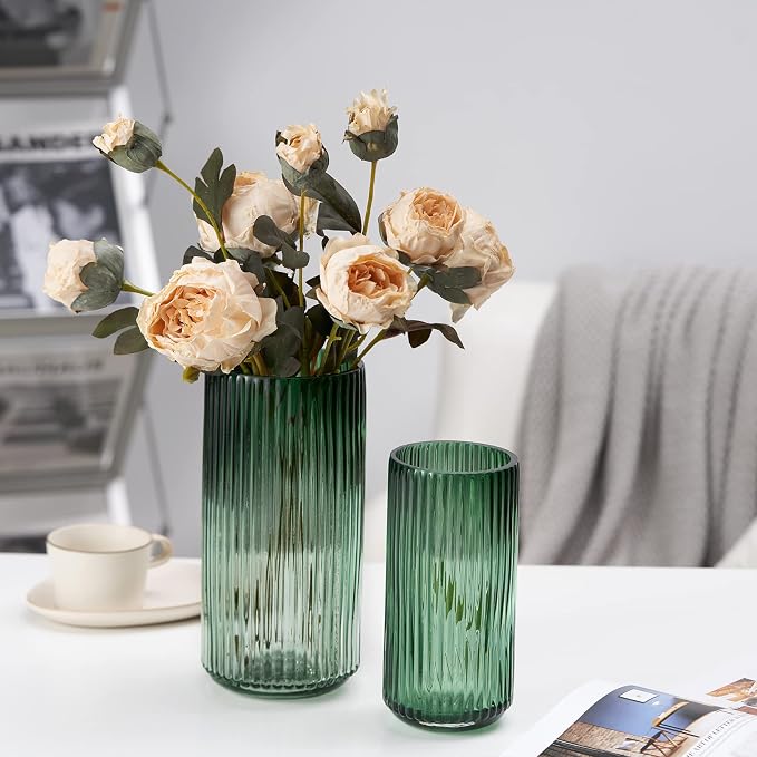 Flower Vase 10 inch Green Thickened Hand Blow Glass Vase Round Vintage Striped Bottles for Bookshelf,Dinner Table,Indoor Office Desktop,Meeting Room,Bathroom,Countertop,Home