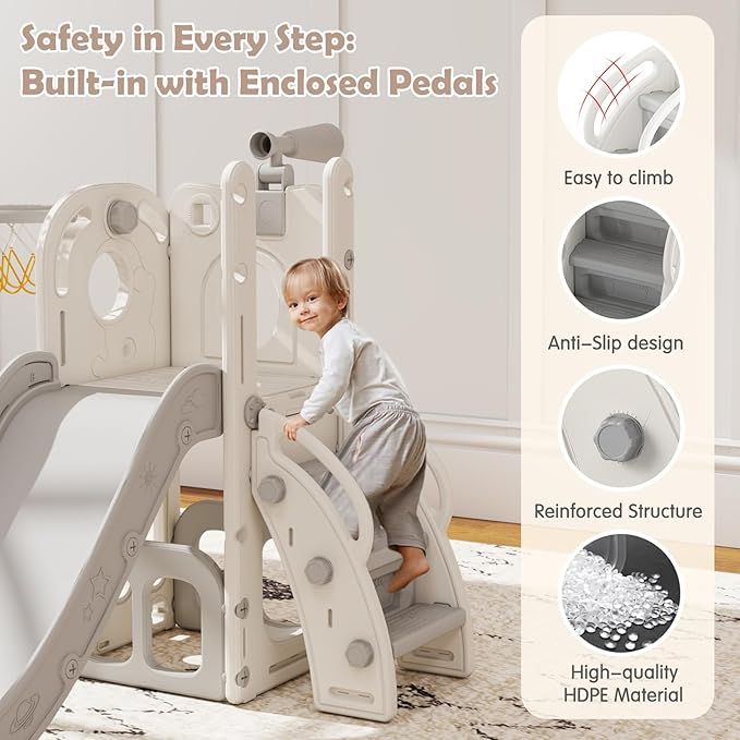 kinbor 6 in 1 Toddler Slide PlaySet - Indoor Outdoor Fun for Kids Ages 1-3, Includes Basketball Hoop, Telescope, Storage & Climber, Safe, Sturdy Baby Slide for Backyard Playground, White+Gray