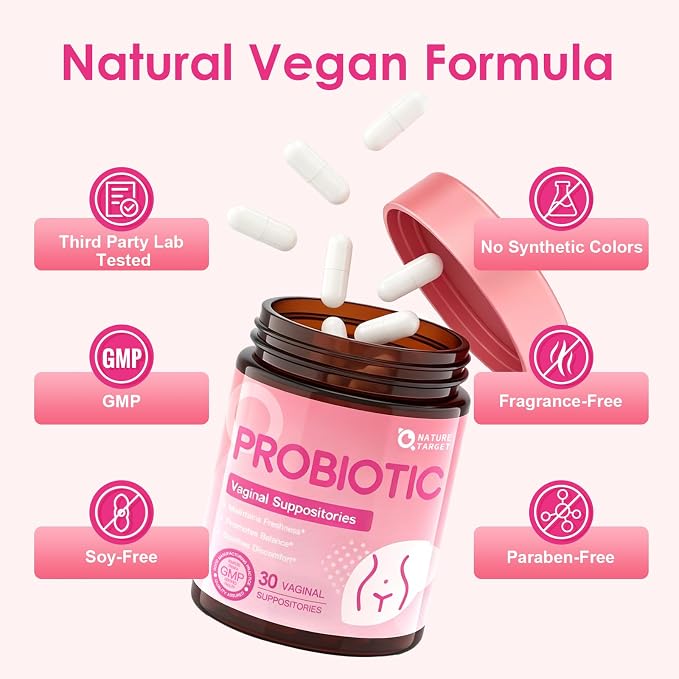 NATURE TARGET Vaginal Probiotics Suppositories for Women, 30 Count | Balances Vaginal PH, Eliminates Unpleasant Odor, Freshness Support, Relieves Irritation & Dryness, 100% Vegan, Paraben-Free