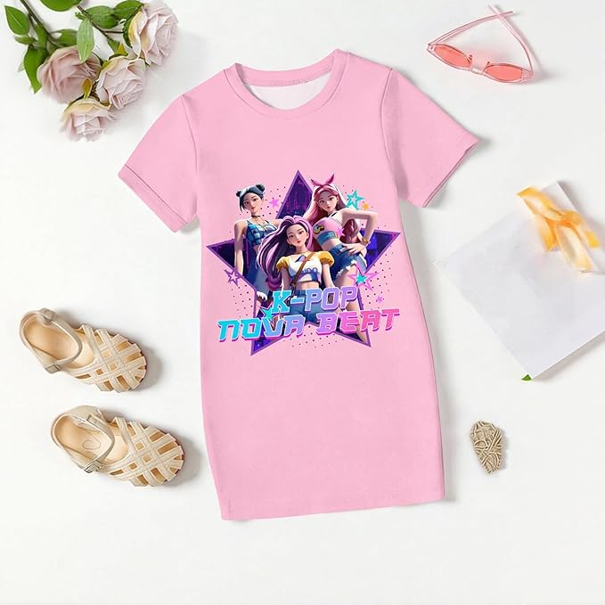 Girl's Anime K-POP Graphic Long Dress T-Shirt - Casual Loose Fit Short Sleeve Top