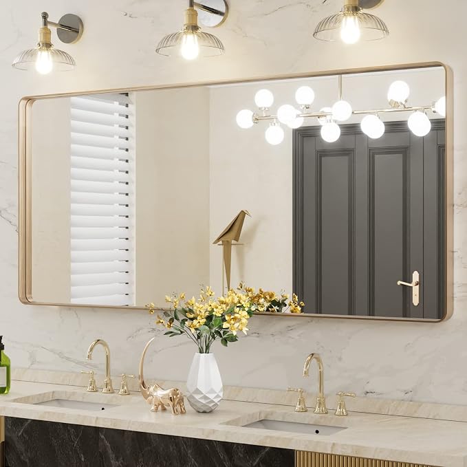 LOAAO 60”X28” Gold Bathroom Mirror, Rounded Rectangle Gold Frame Mirror, Brushed Gold Bathroom Vanity Mirror Wall-Mounted, Anti-Rust, Tempered Glass, Hangs Horizontally or Vertically | Rounded Rectangle, Brushed Gold Frame, Wall-Mounted, Anti-Rust, Tem...