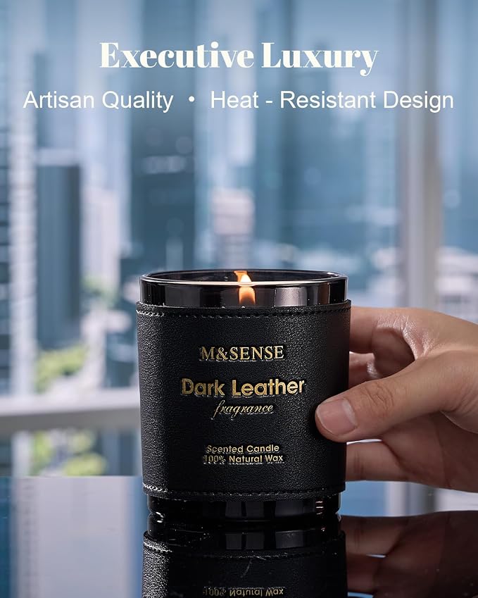 M&SENSE Tobacco Leather Berries Vegan Soy Candle, 10oz | 42-Hour Long Burning, Winter Home Fragrance, Cozy Relaxation, Housewarming Gifts for Father