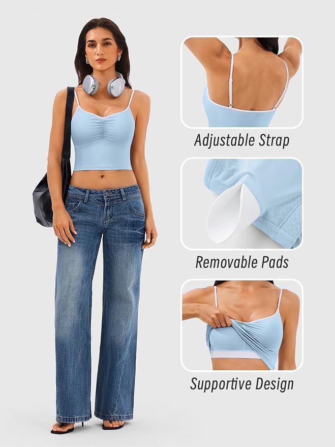 Longline Padded Sports Bra Workout Top for Women, Adjustable Straps Backless Crop Top Push Up Yoga Running Tank Top