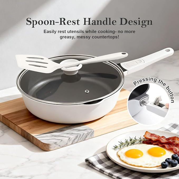 10 Inch Deep Frying Pan Skillet with Lid, Saute Pan Nonstick,White | 4 QT Cooking Pan with Detachable Handle, Suitable for All Stoves Including induction, Oven Safe, Non-Toxic PFOA Free