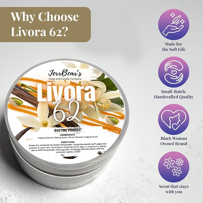 Liyora 62 Dusting Powder for Women, 4oz Jar | Talc Free Body Formula, Soft Scented Skin Care, Gentle Powder for Daily Freshness, Includes Puff Application