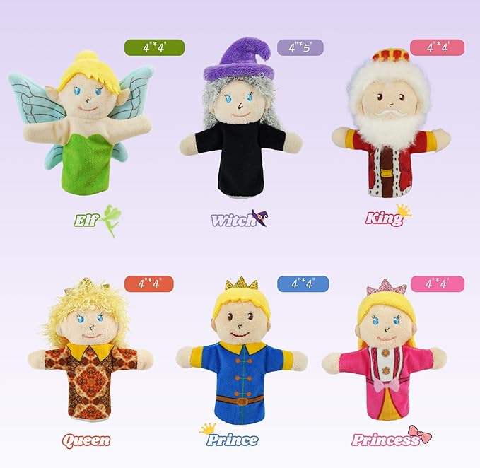 6 Pcs Fairy Tale Finger Puppets Set,4 inch Fairy Tale Members Soft Plush Hand Puppets for Kids Mini Toys,Finger Puppets for Toddlers Princess Puppet Storytelling Role-Playing