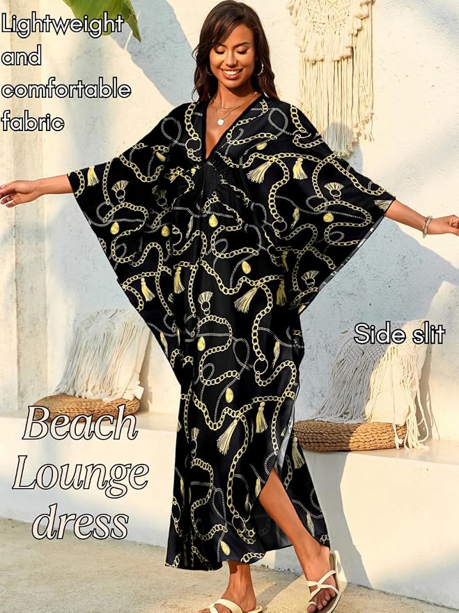 ChiaoLezhee Print Moo-Moos for Women, Kaftan Cover-Up Dresses, Sexy V-Neck High-Slit, Beach Pool-Party Coverups Muumuu Plus