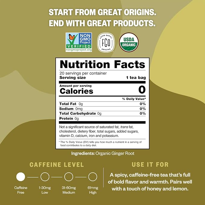 FGO Organic Ginger Tea, 20 Count, Eco-Conscious Tea Bags, Resealable Bag, Packaging May Vary (Pack of 1)