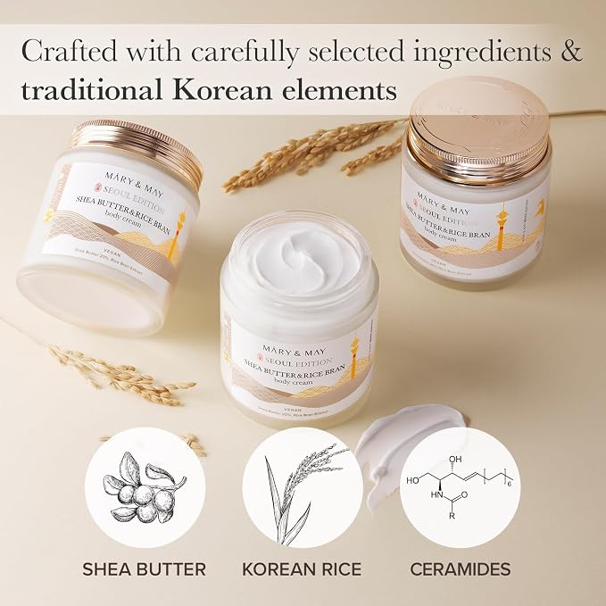 Mary&May 20% Shea Butter & Rice Bran Body Cream, 8.45 oz | Korean fragrance-free vegan body cream with 20% shea butter, rice bran & ceramide NP for dry, rough skin — non-greasy velvet
