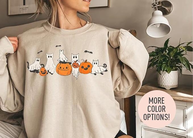 YOUNG GREEN Halloween Party Crewneck Sweatshirt Cute Ghost Sweatshirt Gift For Womens Spooky Season Shirt