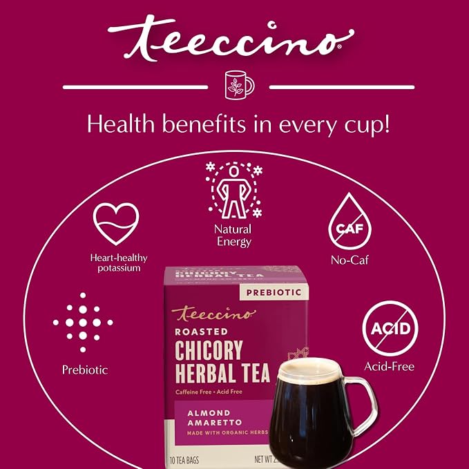 Teeccino Herbal Tea - Almond Amaretto - Rich & Roasted Herbal Tea That's Caffeine Free & Prebiotic for Natural Energy, 10 Tea Bags