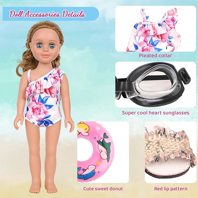 Doll Swimsuit Set for 18-Inch Doll, 7 Pcs Doll Swimming Accessories, 18-Inch Doll Bathing Suit Set, Fashion Doll Water Play Set, Doll Swimsuit, Goggles, Flip-Flops and Inflatable Swim Ring