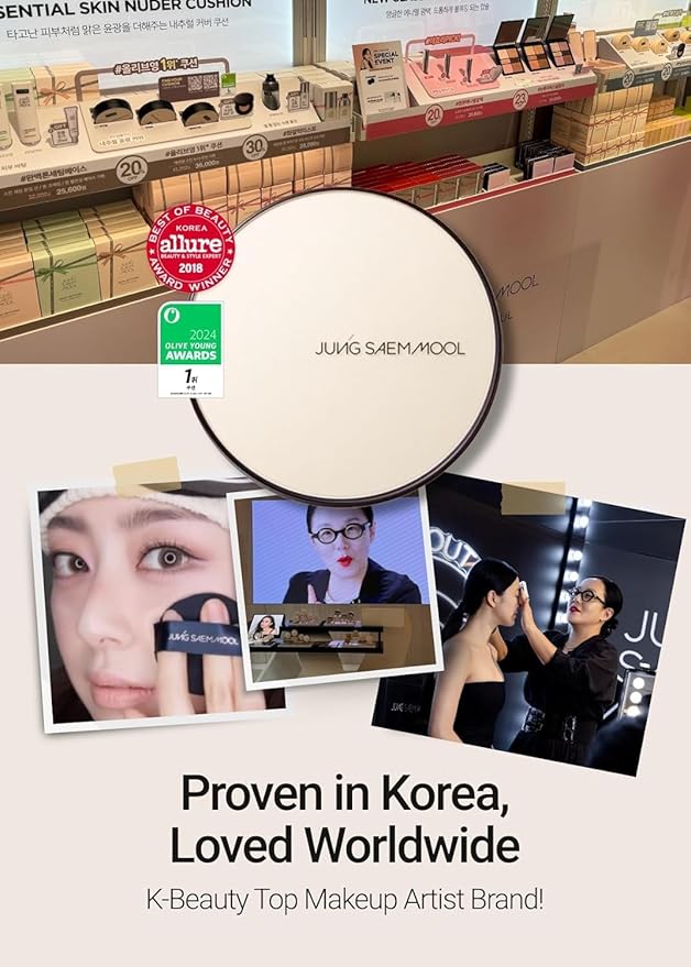 JUNG SAEM MOOL Essential Skin Nuder Cushion | Natural Finish, Buildable Coverage Cushion Foundation by Korean Makeup Artist (Refill Included, SPF 50 | Gift Set with Mool Cream & Puff), 19 Light