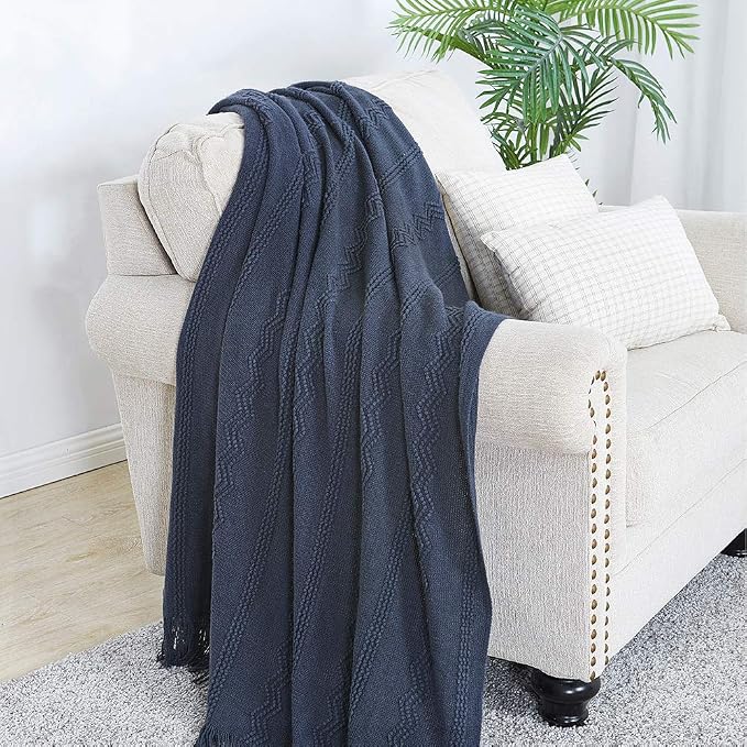 BOURINA Navy Throw Blanket 60x80 Inch Boho Knitted Soft Throw Sofa Blanket | Knitted Throw Blanket 60x80 Inches, Soft Lightweight Boho Weave Throw Decorative Couch Blanket for Living Room Bedroom Chair