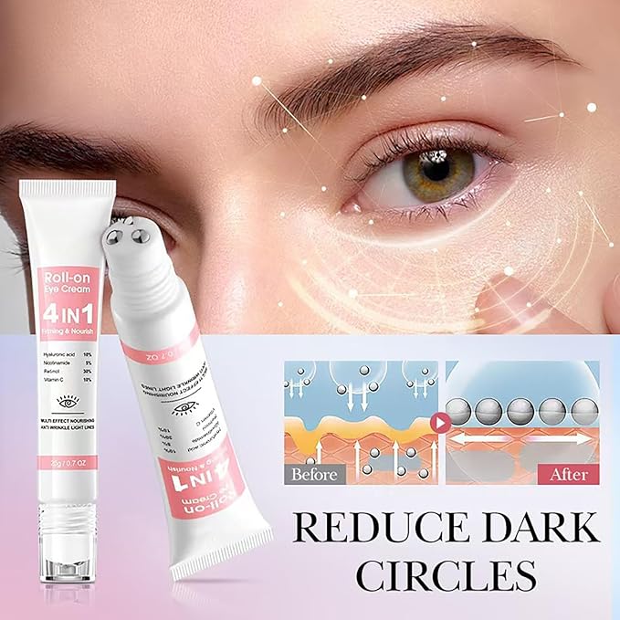 Retinol Eye Cream with 10% Hyaluronic Acid, 30% Retinol, 5% Nicotinamide, 10% Vitamin C for Puffy Dark Circles Wrinkles Eye Bags Fine Lines, Under Eye Cream with 360° Eye Roller Massage Ball