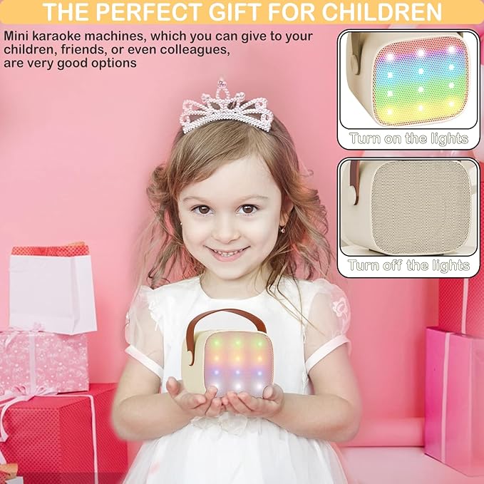 Mini Karaoke Machine for Kids Adults, Mini Portable Bluetooth Karaoke Speaker with 1 Wireless Mics and LED Lights for Kids Adults, Christmas Birthday Gifts Toys for Girls Boys Family Home Party