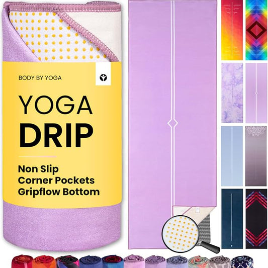 Yoga Drip Hot Yoga Towel – Non Slip Yoga Mat Towel with Corner Pockets, Silicone Grip Dots & Subtle Alignment Lines | Sweat Absorbent, Moisture Wicking, Quick Dry | No Bunching or Sliding | 72” x 26”