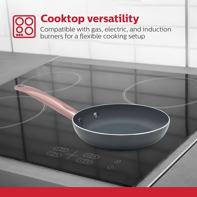 Holstein Housewares 8-IN Ceramic Non-Stick Fry Pan, Stainless Steel Golden Handle. Even Heating, PFAS and PFOA-Free, Sear, Fry, or Sauté. Compatible with Gas, Electric and Induction Cooktops
