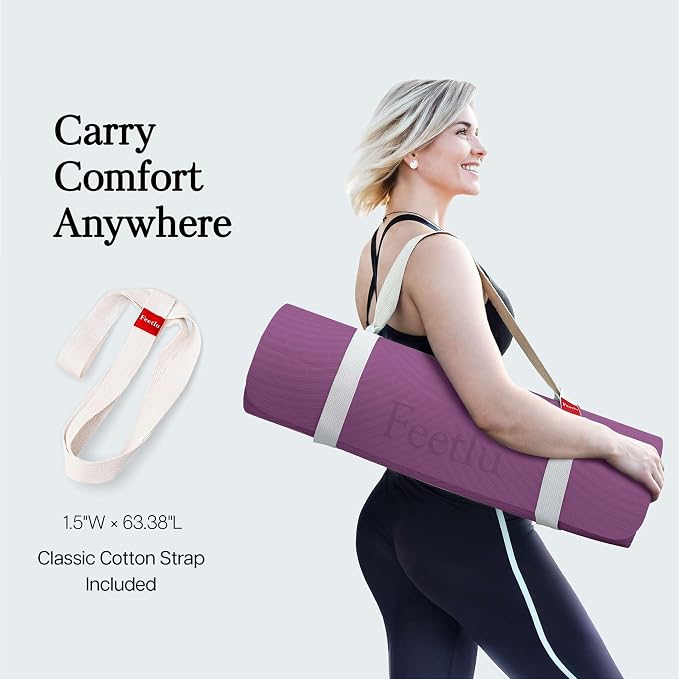 Extra Thick 12mm Exercise Mat – 74"L x 26"W Inch, Non-Slip, Joint-Friendly & Cushioned Fitness Mat for Yoga, Pilates & Floor Workouts – Durable, Supportive & Includes Feetlu Classic Strap