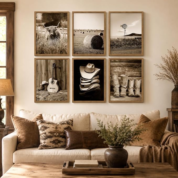 6Pcs Vintage Western Cowboy Wall Art, Highland Cattle Prints, 10" L x 8" W | Rustic Farmhouse Canvas Posters, Country Western Style Wall Decor for Bedroom and Kitchen, Framed