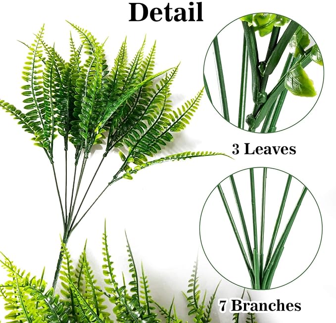 MAQIHAN 10PCS Fake Fern for Outdoor - Artificial Boston Fern Stems Decor | Realistic Fake Greenery for Large Planters, Vase, Porch, Patio, Garden Decor, Faux Plants for Indoor, Outdoor Home Decoration