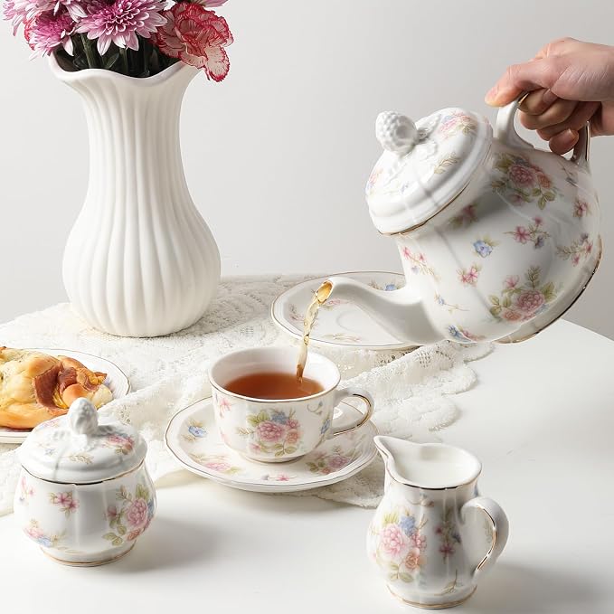 Sweejar 23 Pcs Floral Tea Sets with Metal Holder, Relief Gold Rim Porcelain Tea Sets for Adults, Cup and Saucer Set for 6, with Teapot, Sugar Bowl, Milk Jug, Spoons (Small Flower)