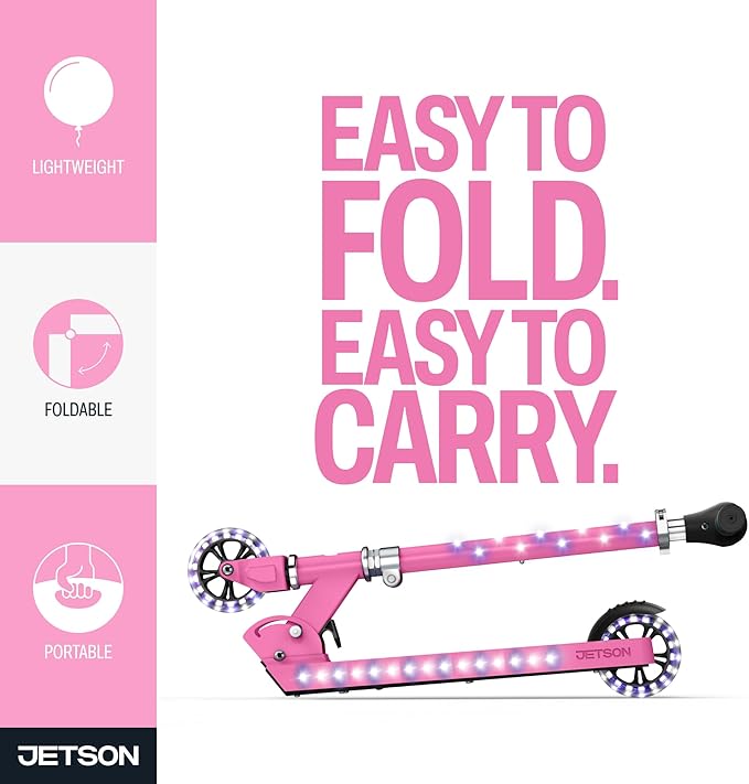 Jetson Jupiter Kids 2-Wheel Light-Up Kick Scooter, LED Lights on Handlebar, Stem, Wheels & Deck, Adjustable Handlebar, Rear Brake, Easy-Folding Mechanism, Ages 5+