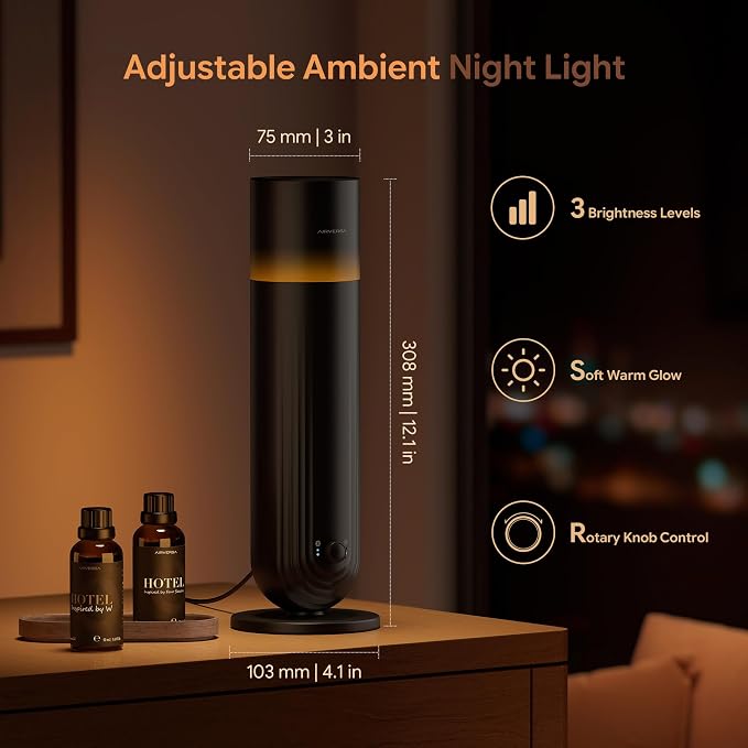 Airversa U1 Smart Tower Waterless Essential Oil Diffuser for Room, Black | Up to 1200 sq ft, App Control, Cold Air, 120mL, DC-12V/1A Plug in Wall, Smart Scent Air Machine, For Home & Commercial Spaces